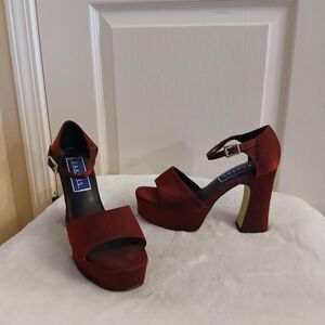 Y2K Vintage Bakers Blood Red Satin Chunky Platform Block Heels 6.5 Whimsygoth